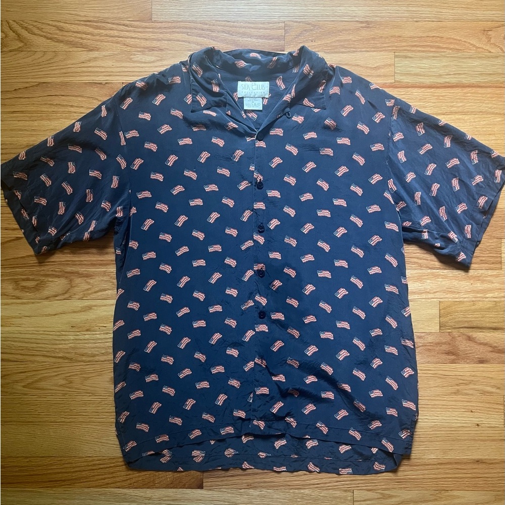 Vintage 90s Silk Club “USA” Camp Collar Button Up Shirt